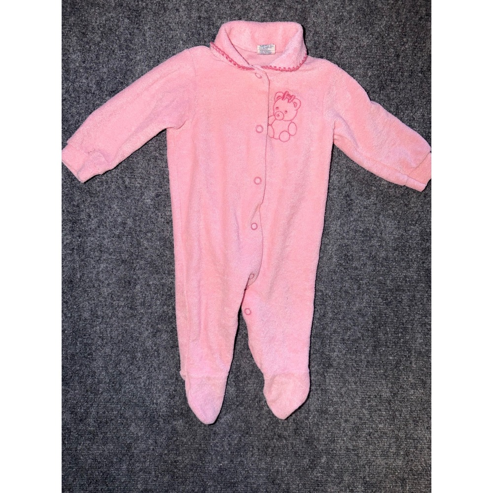Vintage Carters Pink terrycloth Footed Sleeper Teddy Bear Embroidered USA Made M